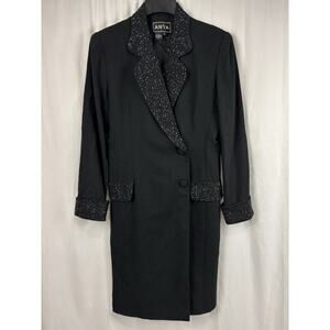 Vintage Anya Black Suit Jacket Dress Wool Embellished Collar Cocktail Formal 10